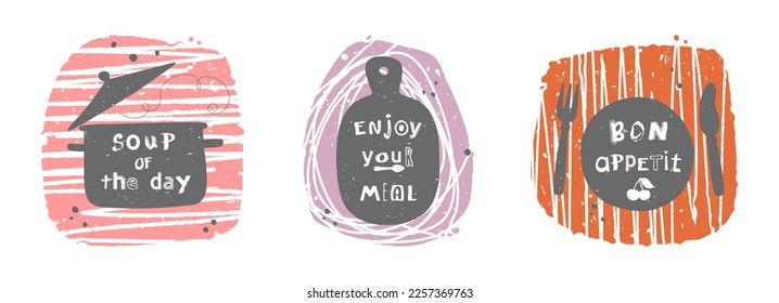 Kitchen logo, icon or label. Hand drawn lettering phrase. Vector illustration for menu, shop, bbq, truck, restaurant, cafe, bar, poster, banner, sticker, placard. Pastel colors.
