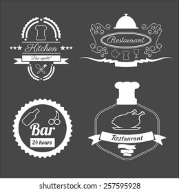 Kitchen logo set. Restaurants and bar labels isolated on grey background. Design elements. Vector Illustration.