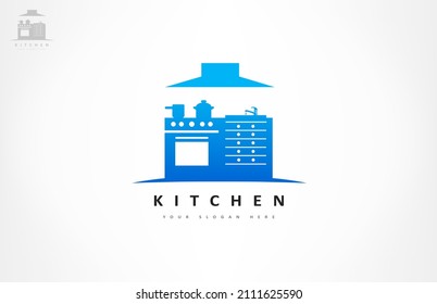 Kitchen logo vector. Cooker with oven, extractor hood and dishes.