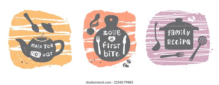 Kitchen logos set. Hand drawn cooking phrase. Vector illustration for menu or wall decoration in restaurant or cafe. Pastel colors.