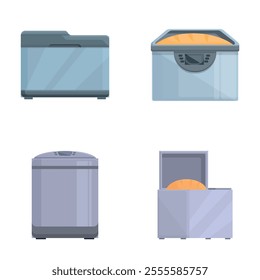 Kitchen machine icons set cartoon vector. Modern bread maker appliance. Food cook home