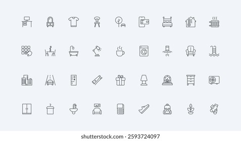 Kitchen machines and appliances, fireplace and bed thin black outline symbols vector illustration. Furniture, household equipment, interior decor of home apartment for daily life line icon set