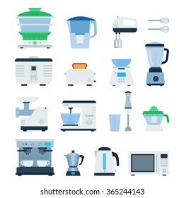 Kitchen machines vector flat illustrations. Cooking and kitchen concept. Different types of cooking machines, devices, toaster, coffee machine, electric kettle, percolator isolated on white background