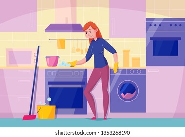 Kitchen Maintenance Service Flat Composition With Woman Cleaning Stove Top With Sponge Stylish Dishwasher Oven Vector Illustration