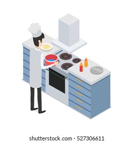 At kitchen. Male chef taking pot with water on four-burners cooker. Process of meal preparing. Sauce bottles and tray are on workplace. Isolated man wearing white uniform and hat. Flat design. Vector