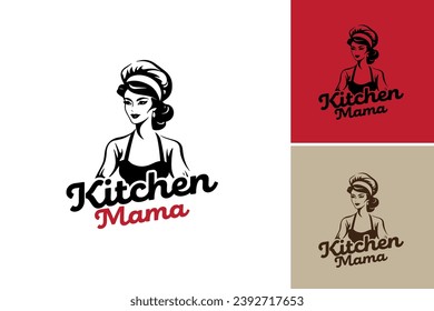 kitchen mama logo design template is a cheerful design suitable for kitchen-related content, cookbooks, family recipes, or culinary blogs.