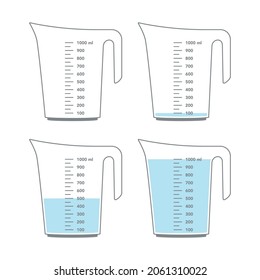 Kitchen measuring cups with various amount of liquid. Jug with measuring scale. Beaker for chemical experiments in the laboratory. Vector illustration