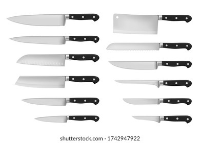 Kitchen and meat cutting knives set realistic vector of chef and butcher tools. Stainless cleaver, carving and chopping, chefs, filleting, boning and paring knives with black handles, cutlery design