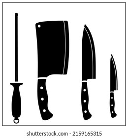 Cocina y embutidos de carne. Herramientas de Chef y Carnicero. Cleaver, Knife, Sharpener. Conjunto de iconos de iluminación de vectores