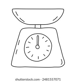 Kitchen mechanical dial scale with a bowl, doodle style flat vector outline for coloring book