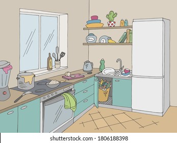 Kitchen mess room graphic color home interior sketch illustration vector