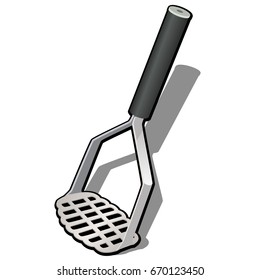 Kitchen metal potato masher for making mashed potatoes isolated on a white background. Cartoon vector close-up illustration.