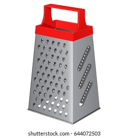 Kitchen metallic tetrahedral grater with a plastic handle on top, isolated on a white background