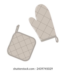 Kitchen mitt and potholder isolated on white background. Gray cooking glove flat