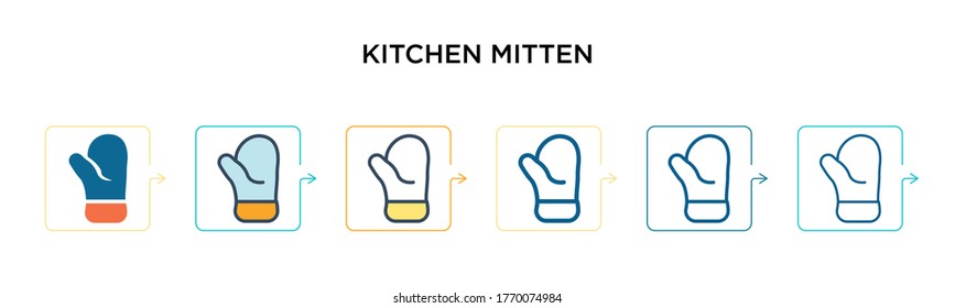 Kitchen mitten vector icon in 6 different modern styles. Black, two colored kitchen mitten icons designed in filled, outline, line and stroke style. Vector illustration can be used for web, mobile,