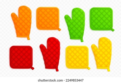 Kitchen mittens and potholders, fabric holders for cooking. Template of textile oven mitts and gloves bright colors, red, orange, yellow and green, vector realistic illustration