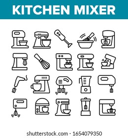 Kitchen Mixer Device Collection Icons Set Vector. Professional And Domestic Mixer Electronic And Manual Equipment For Cooking Concept Linear Pictograms. Monochrome Contour Illustrations