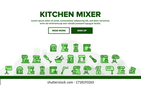 Vector de plantilla de encabezado de página web de inicio de dispositivo mezclador de cocina. Mezclador Profesional Y Doméstico Equipo Electrónico Y Manual Para Ilustración De Cocina