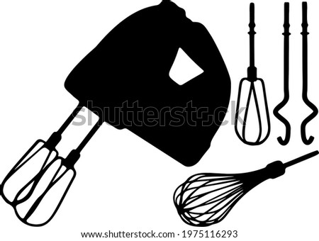 Kitchen mixer for preparing food with attachments in the set.