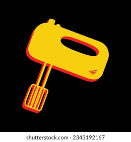Señal de mezclador de cocina. Icono Amarillo extruido 3D con los lados rojos un fondo negro. Ilustración.
