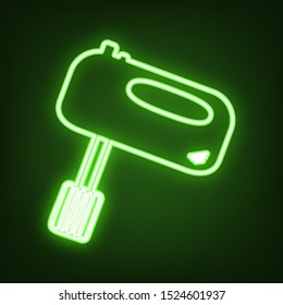 Kitchen mixer sign. Green neon icon in the dark. Blurred lightening. Illustration.