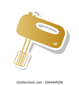 Kitchen mixer sign. Vector. Golden gradient icon with white contour and rotated gray shadow at white background.