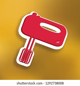 Kitchen mixer sign. Vector. Magenta icon with darker shadow, white sticker and black popart shadow on golden background.