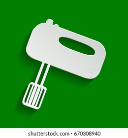 Kitchen mixer sign. Vector. Paper whitish icon with soft shadow on green background.