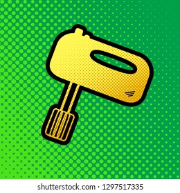 Kitchen mixer sign. Vector. Pop art orange to yellow dots-gradient icon with black contour at greenish background.