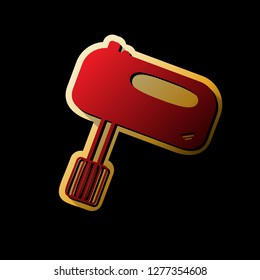 Kitchen mixer sign. Vector. Red icon with small black and limitless shadows at golden sticker on black background.
