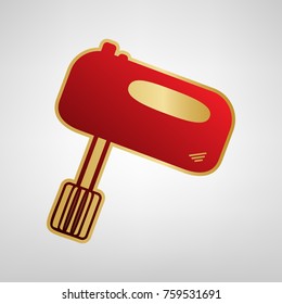Kitchen mixer sign. Vector. Red icon on gold sticker at light gray background.