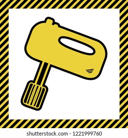 Kitchen mixer sign. Vector. Warm yellow icon with black contour in frame named as under construction at white background. Isolated.