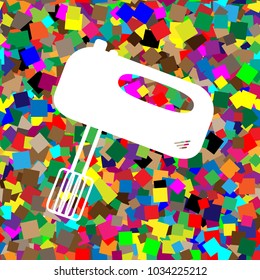 Kitchen mixer sign. Vector. White icon on colorful background with seamless pattern from squares.