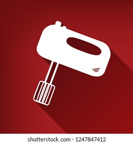 Kitchen mixer sign. Vector. White icon with limitless shadow at ruby red background.