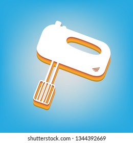 Kitchen mixer sign. Vector. White icon with 3d warm-colored gradient body at sky blue background.