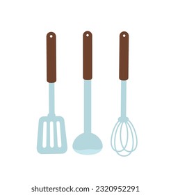 Mezclador de cocina y concepto de espátula. Inventario para la preparación de comidas deliciosas y utensilios de cocina. Confort y comodidad. Menú y restaurante. Dibujo vectorial plano de dibujos animados aislado en fondo blanco