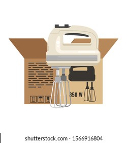 Kitchen mixer unpacked from the box. Kitchen mixer on the background of an open box. New kitchen mixer. Cooking with a mixer. New purchase. Carton packaging flat design