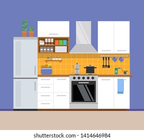 Kitchen modern interior, apartment design. Vector illustration in flat style.