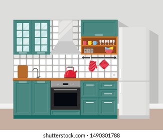 Kitchen modern interior, apartment design. Vector illustration in flat style.