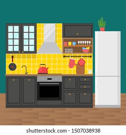 Kitchen modern interior, apartment design. Vector illustration in flat style