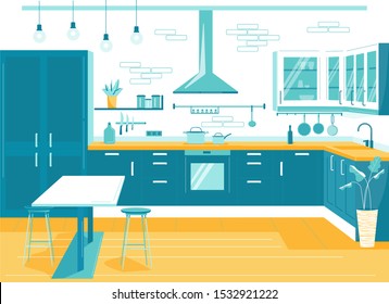 Kitchen, modern interior in blue tones vector illustration