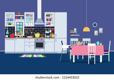 Kitchen modern interior with cabinets, appliances, extractor hood, oven, refrigerator, sink, faucet, cookware, tableware, dining area, rug, ceiling lamp, wall decor. Flat style vector illustration.
