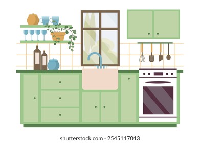 Cozinha interior moderno. Mesas verdes, bancadas e armários. Fogão, forno e pia. Mobília dentro. Conforto e aconchegante apartamento. Ilustração de vetor plano isolada no plano de fundo branco