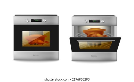 Kitchen modern oven open and closed, realistic template vector illustration isolated on white background. Electric cooking stove with baking food inside.