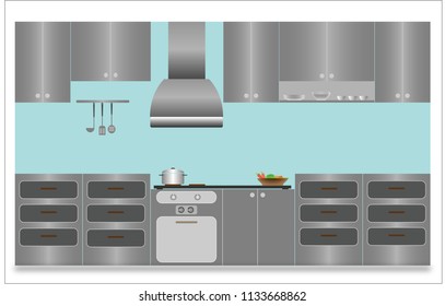Kitchen modern style  with gas stove, oven, pot, vegetables in a basket, vector illustration. indoor, kitchen appliances furniture culinary decorations room