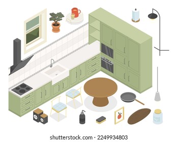 Cocina - conjunto de ilustraciones isométricas de colores vectoriales modernos. Cabinas y estantes verdes, mesa de comedor redonda con sillas para la familia, control climático, capilla de extractor, fregadero, ventana. Acogedor apartamento