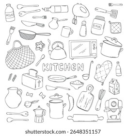Kitchen monochrome doodles colelction, kitchenware, kitchen utensils set for prints, cards, signs, stickers, coloring pages, banners, social media, icons, etc. EPS 10