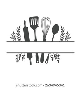 Kitchen Monogram, Kitchen Split Frame Vector, Cooking Monogram, Kitchen Frame vector, Kitchen Monogram Silhouette, Cooking Monogram Silhouette. 