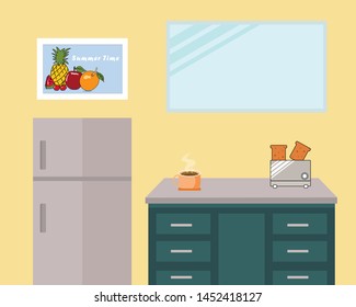 Kitchen in the morning: There are refridgerator, cupboard, glass window, cup of hot coffee, toast in a toaster. Vector design.