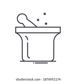 Kitchen mortar and pestle icon, linear isolated illustration, thin line vector, web design sign, outline concept symbol with editable stroke on white background.